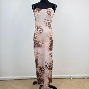 Strapless Maxi Slip Dress Leopard Rose Print Blush Brown Tag L Fit M Coquette